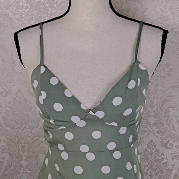 SBEtro Size Small Green Midi Dress White Polka Dots Spaghetti Straps V-Neck NWOT - Picture 2 of 14